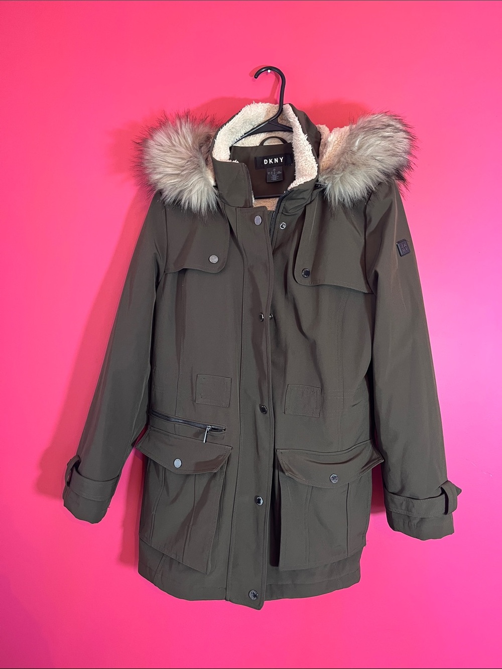 DKNY Olive Green Sherpa-Lined Parka with Faux Fur Hood